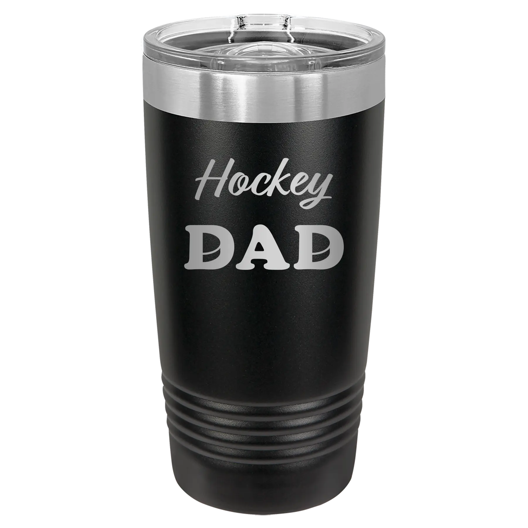 Laser etched black 20 oz vacuum insulated tumbler with 'Hockey Dad2' design