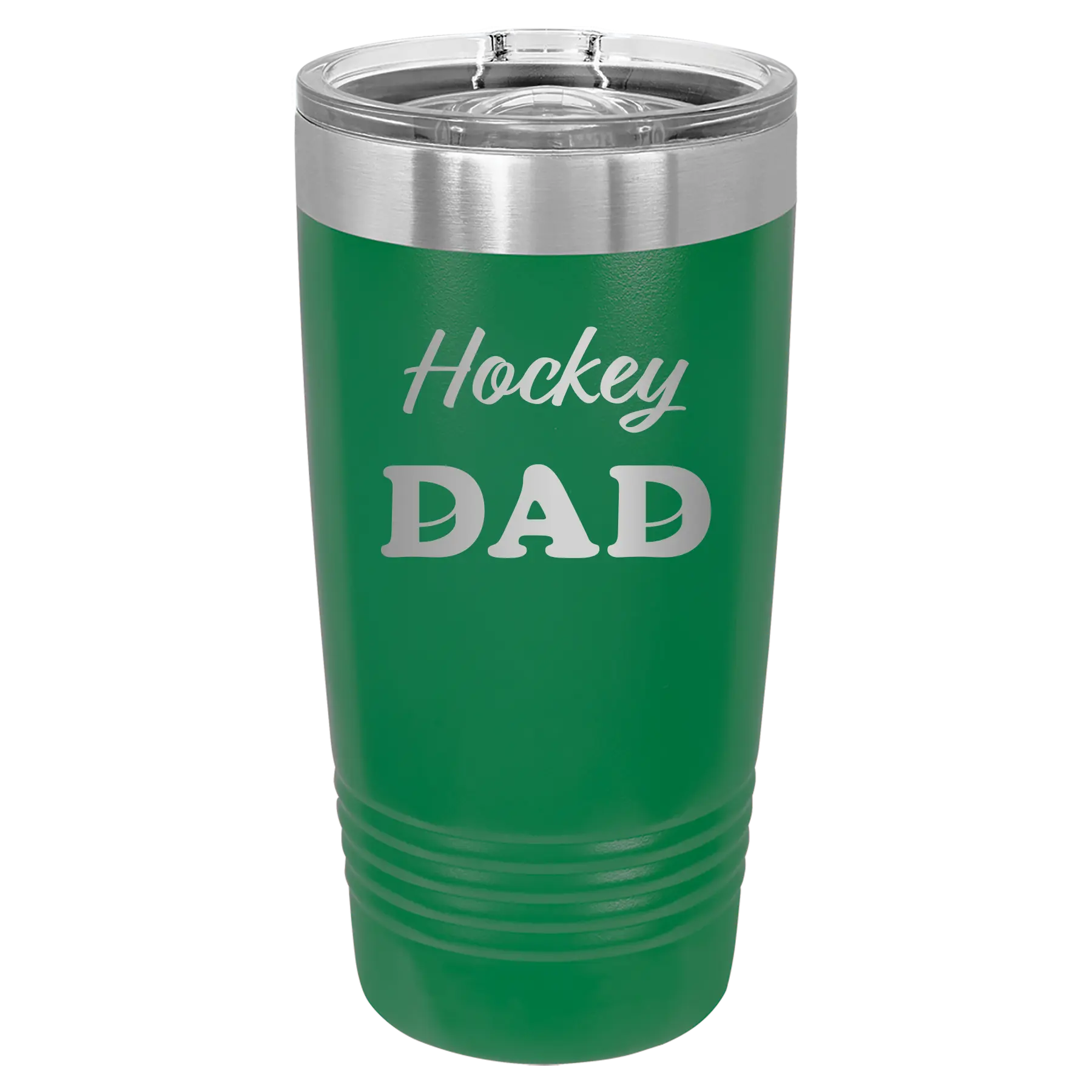 Laser etched green 20 oz vacuum insulated tumbler with 'Hockey Dad2' design