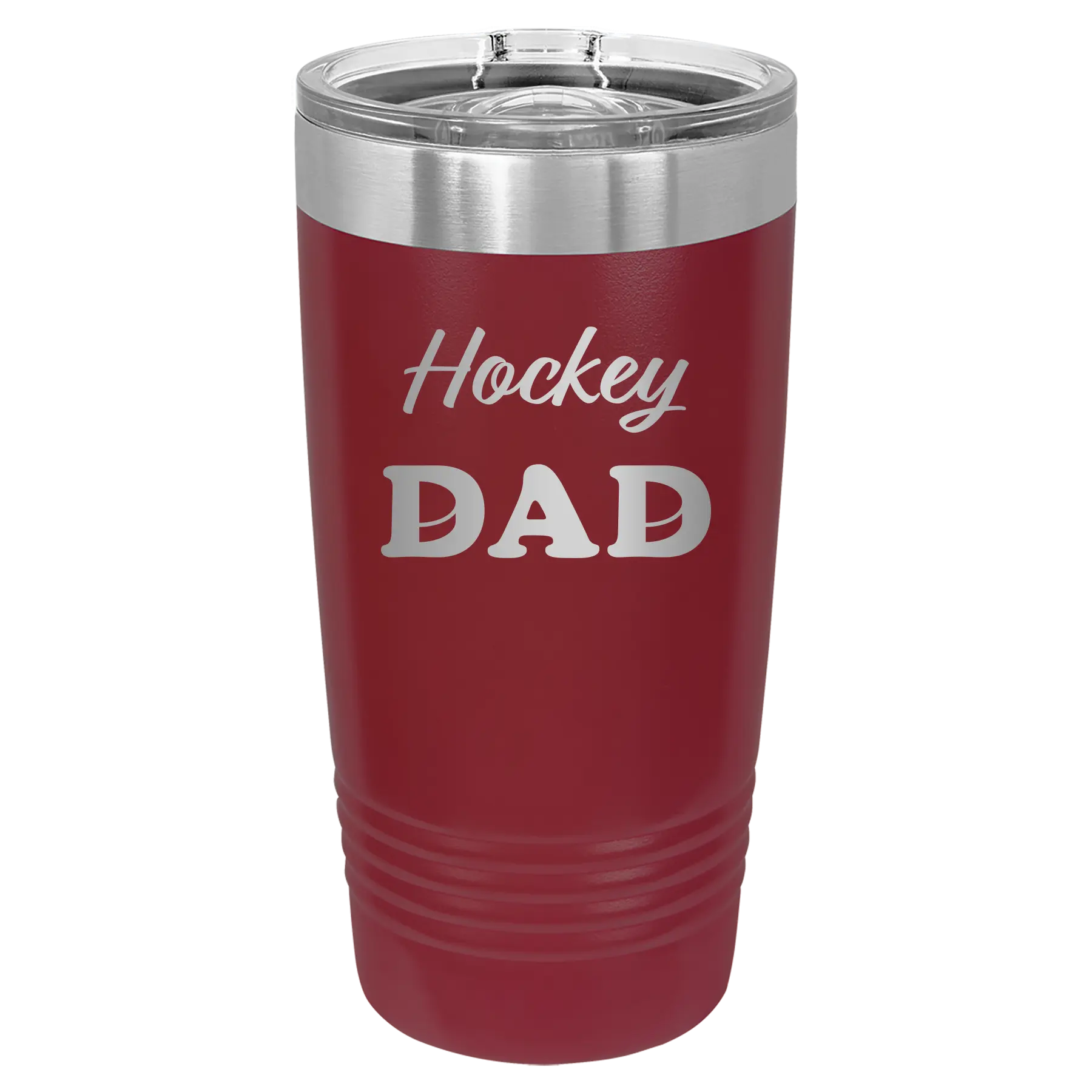Laser etched maroon 20 oz vacuum insulated tumbler with 'Hockey Dad2' design