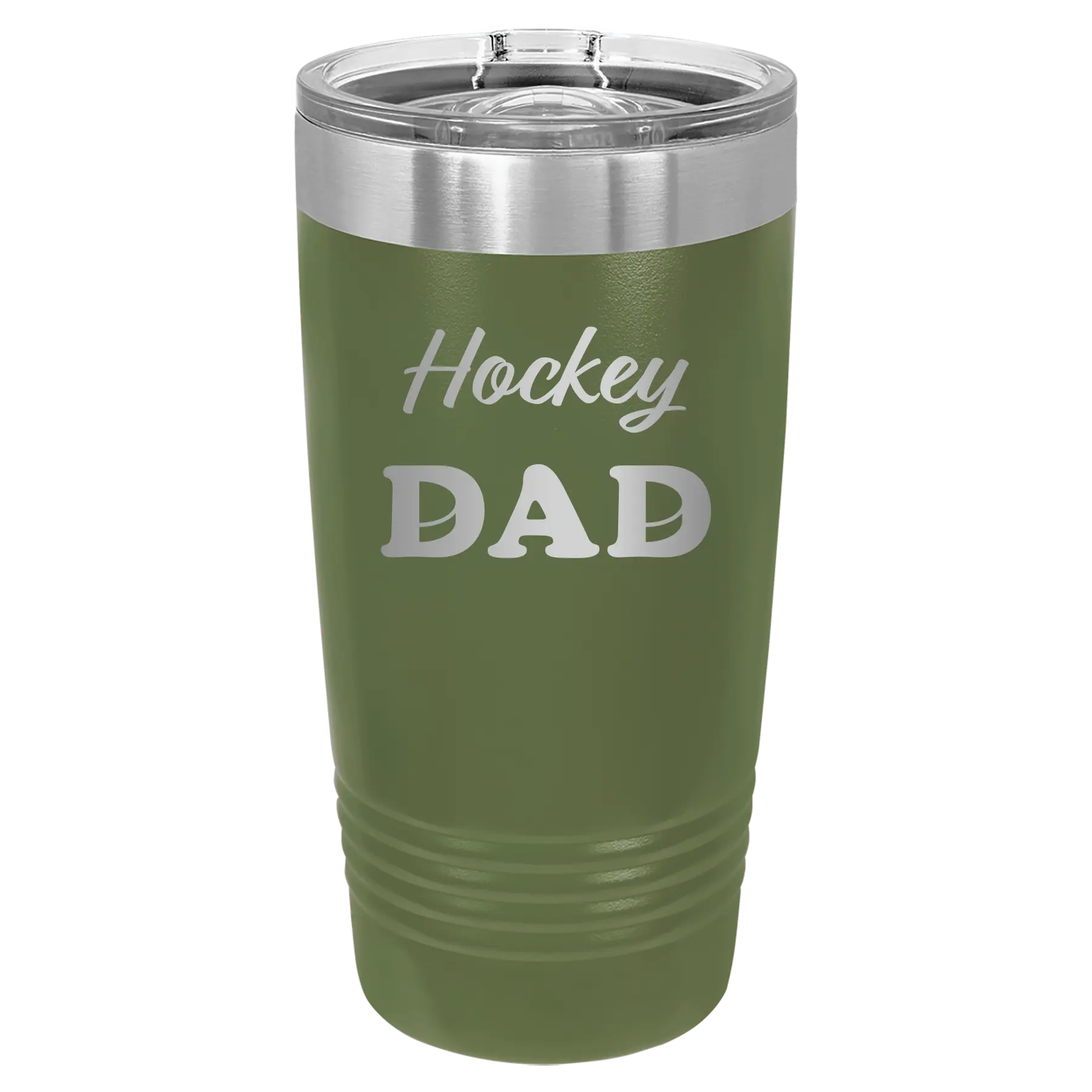 Laser etched olive green 20 oz vacuum insulated tumbler with 'Hockey Dad2' design