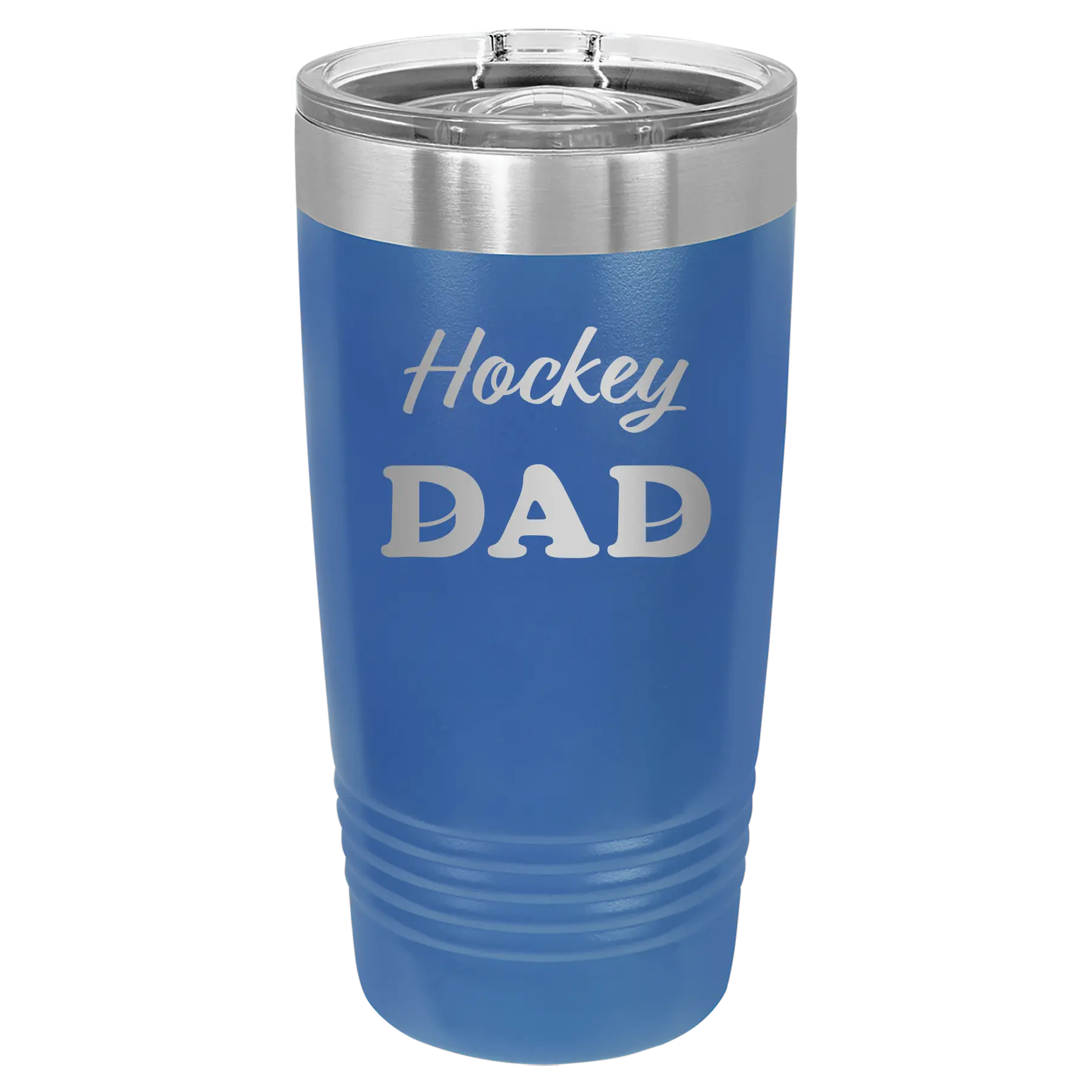 Laser etched royal blue 20 oz vacuum insulated tumbler with 'Hockey Dad2' design