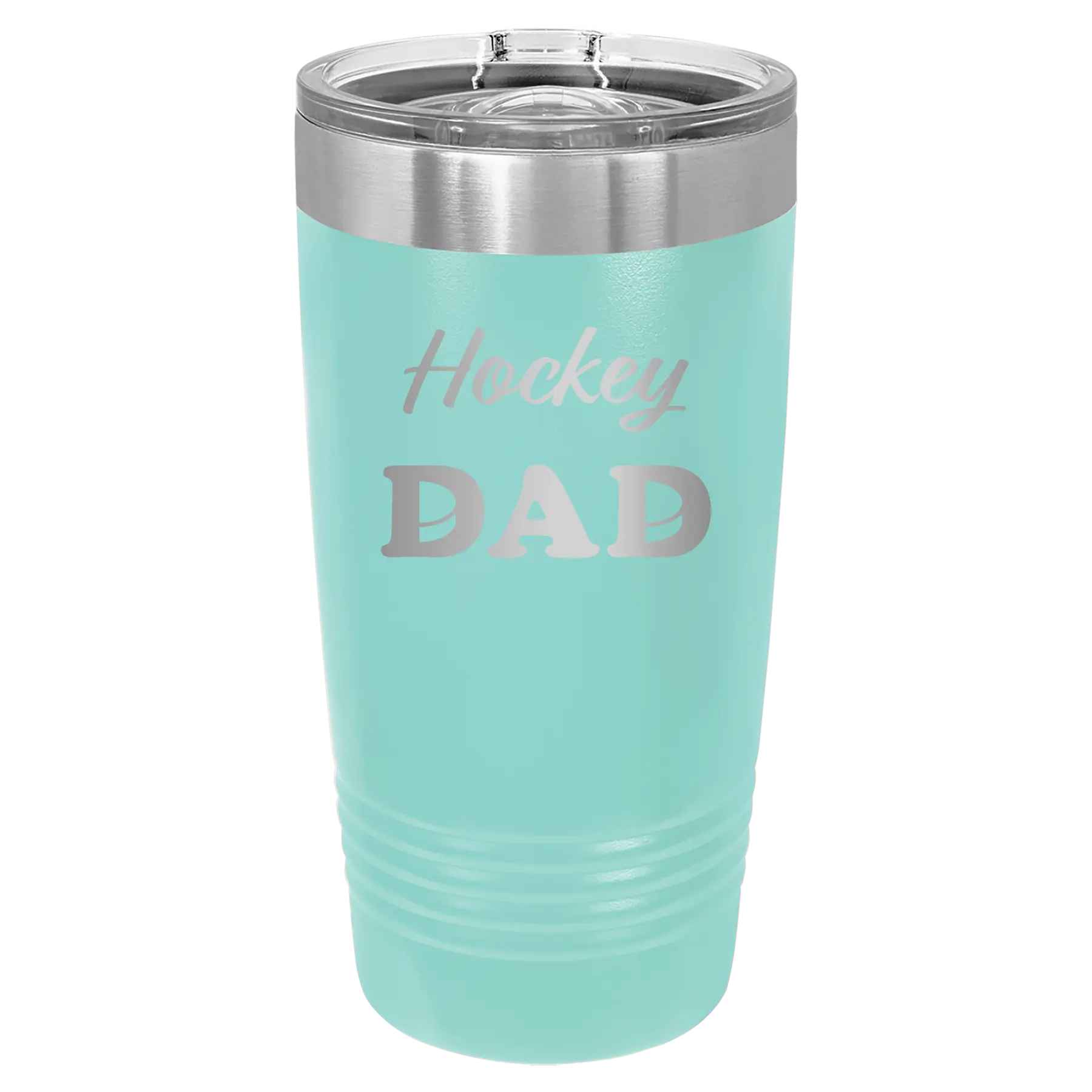 Laser etched teal 20 oz vacuum insulated tumbler with 'Hockey Dad2' design