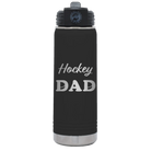 Laser etched black 20 oz vacuum insulated water bottle with 'Hockey Dad2' design