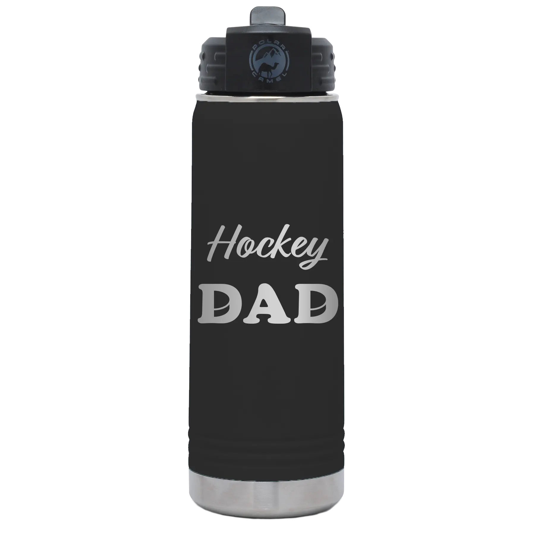Laser etched black 20 oz vacuum insulated water bottle with 'Hockey Dad2' design