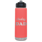 Laser etched coral 20 oz vacuum insulated water bottle with 'Hockey Dad2' design