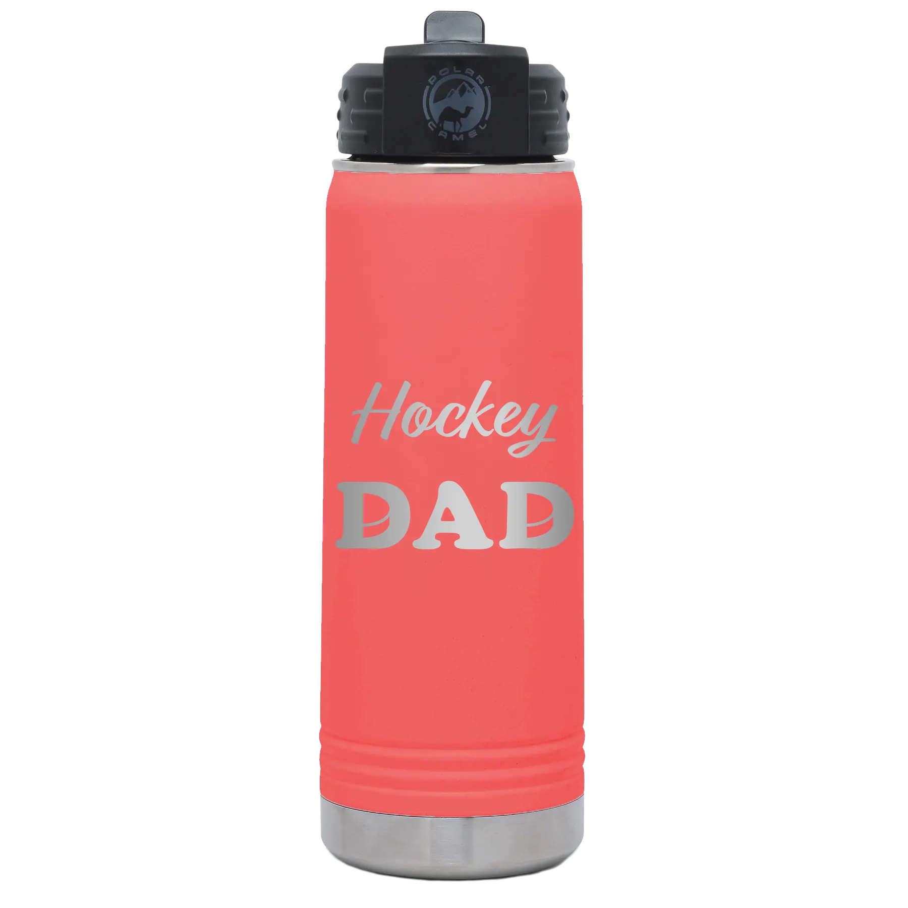 Laser etched coral 20 oz vacuum insulated water bottle with 'Hockey Dad2' design