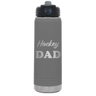 Laser etched dark gray 20 oz vacuum insulated water bottle with 'Hockey Dad2' design