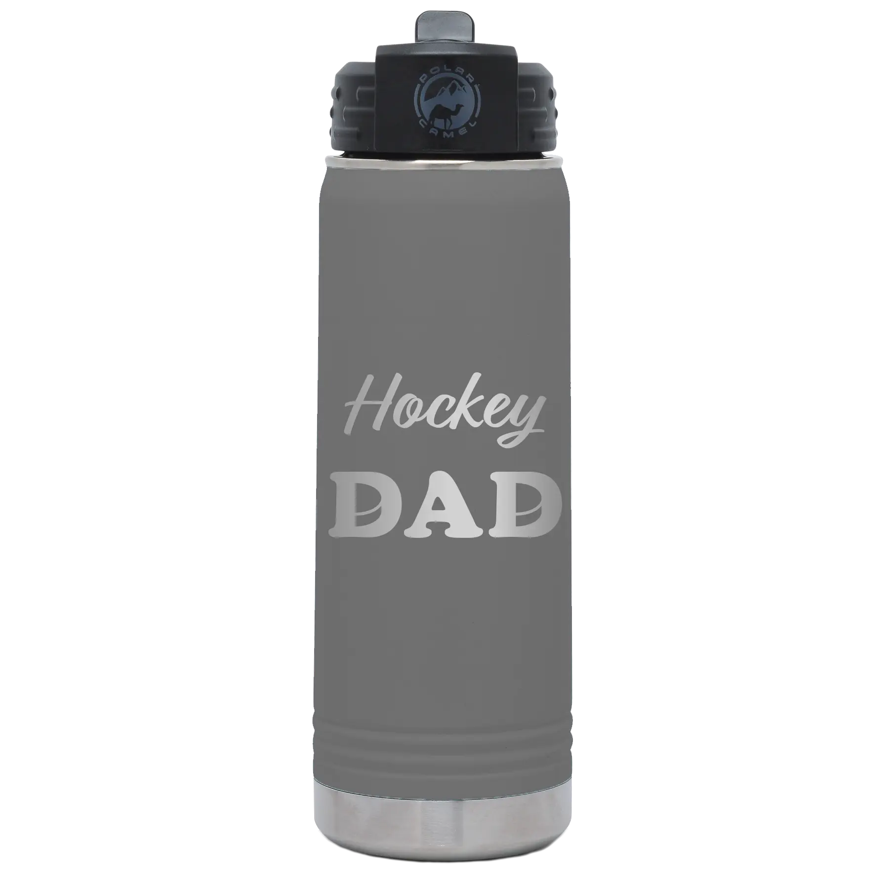 Laser etched dark gray 20 oz vacuum insulated water bottle with 'Hockey Dad2' design