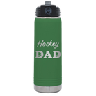 Laser etched green 20 oz vacuum insulated water bottle with 'Hockey Dad2' design