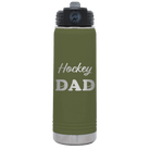 Laser etched olive green 20 oz vacuum insulated water bottle with 'Hockey Dad2' design