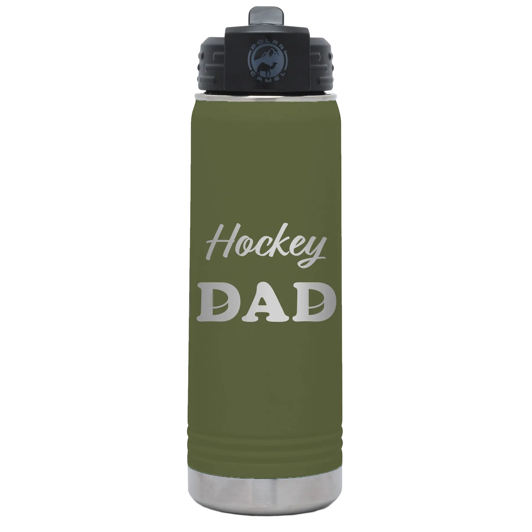 Laser etched olive green 20 oz vacuum insulated water bottle with 'Hockey Dad2' design