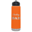 Laser etched orange 20 oz vacuum insulated water bottle with 'Hockey Dad2' design