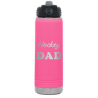 Laser etched pink 20 oz vacuum insulated water bottle with 'Hockey Dad2' design