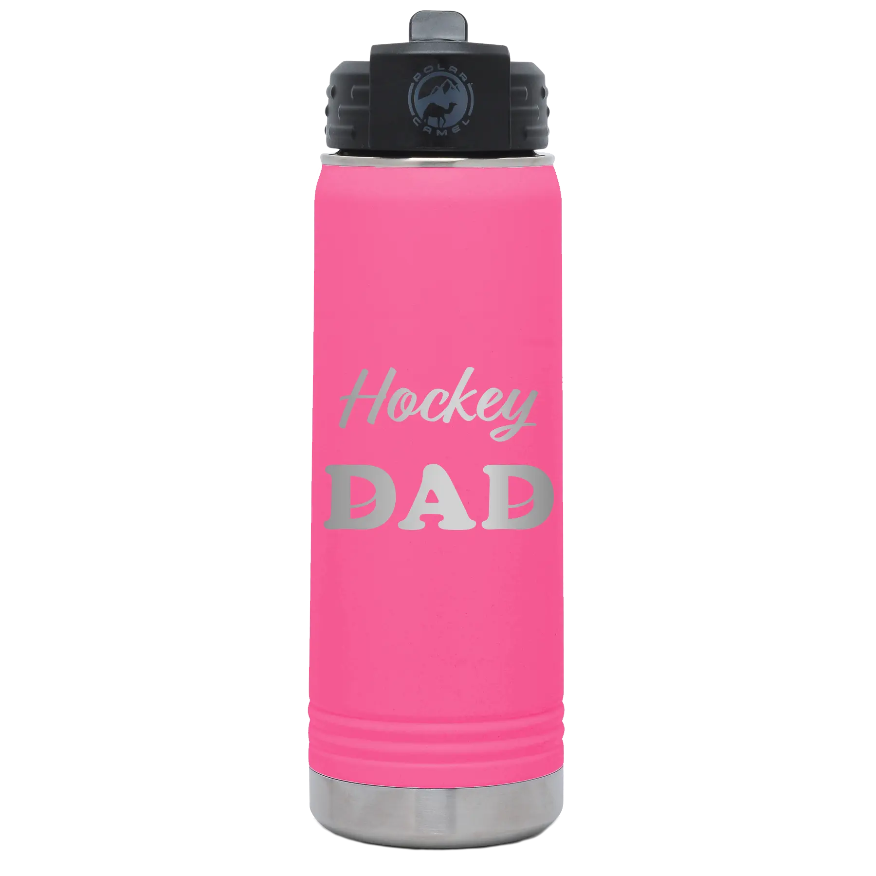 Laser etched pink 20 oz vacuum insulated water bottle with 'Hockey Dad2' design