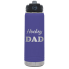Laser etched purple 20 oz vacuum insulated water bottle with 'Hockey Dad2' design