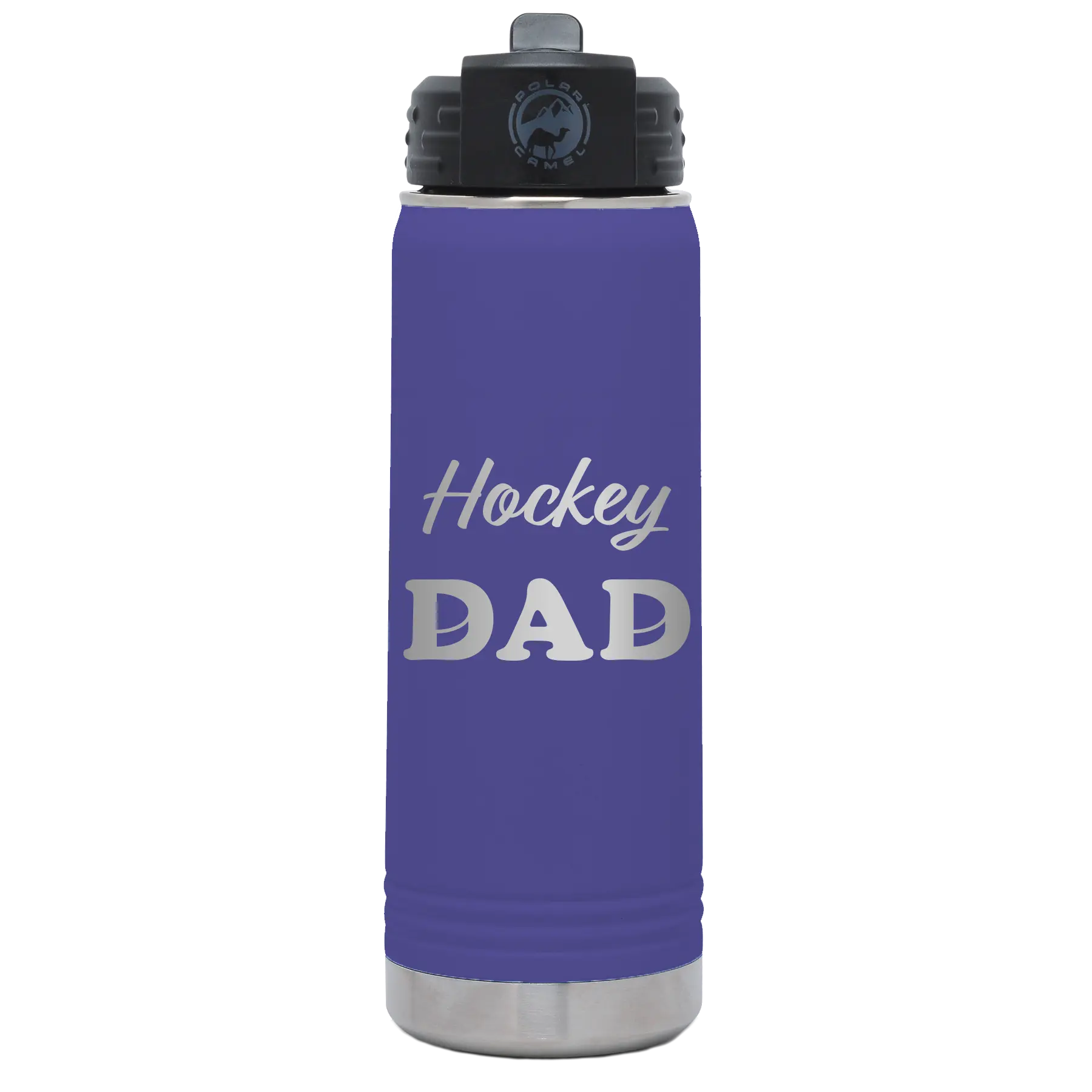 Laser etched purple 20 oz vacuum insulated water bottle with 'Hockey Dad2' design