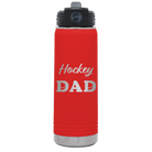 Laser etched red 20 oz vacuum insulated water bottle with 'Hockey Dad2' design