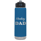 Laser etched royal blue 20 oz vacuum insulated water bottle with 'Hockey Dad2' design