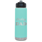 Laser etched teal 20 oz vacuum insulated water bottle with 'Hockey Dad2' design