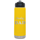 Laser etched yellow 20 oz vacuum insulated water bottle with 'Hockey Dad2' design
