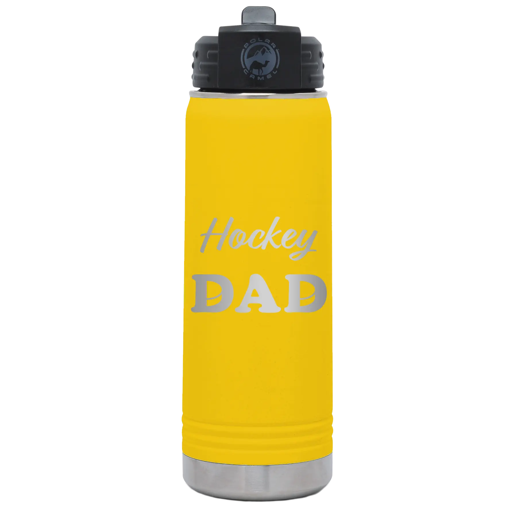 Laser etched yellow 20 oz vacuum insulated water bottle with 'Hockey Dad2' design