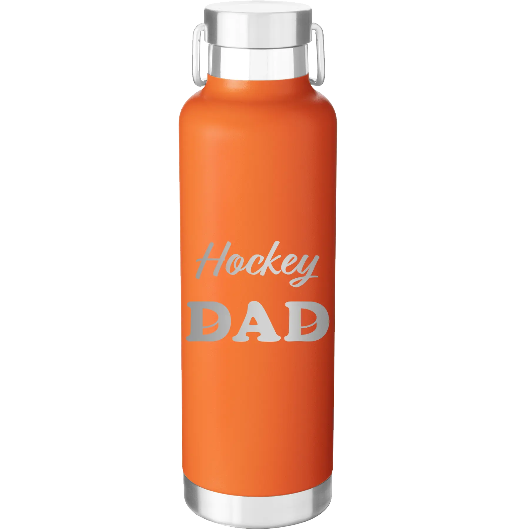 Laser etched orange 24 oz vacuum insulated water bottle with 'Hockey Dad2' design
