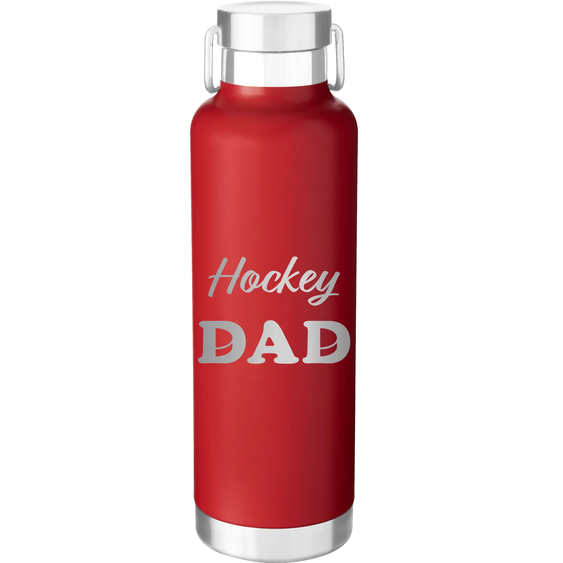 Laser etched red 24 oz vacuum insulated water bottle with 'Hockey Dad2' design