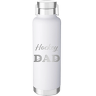 Laser etched white 24 oz vacuum insulated water bottle with 'Hockey Dad2' design