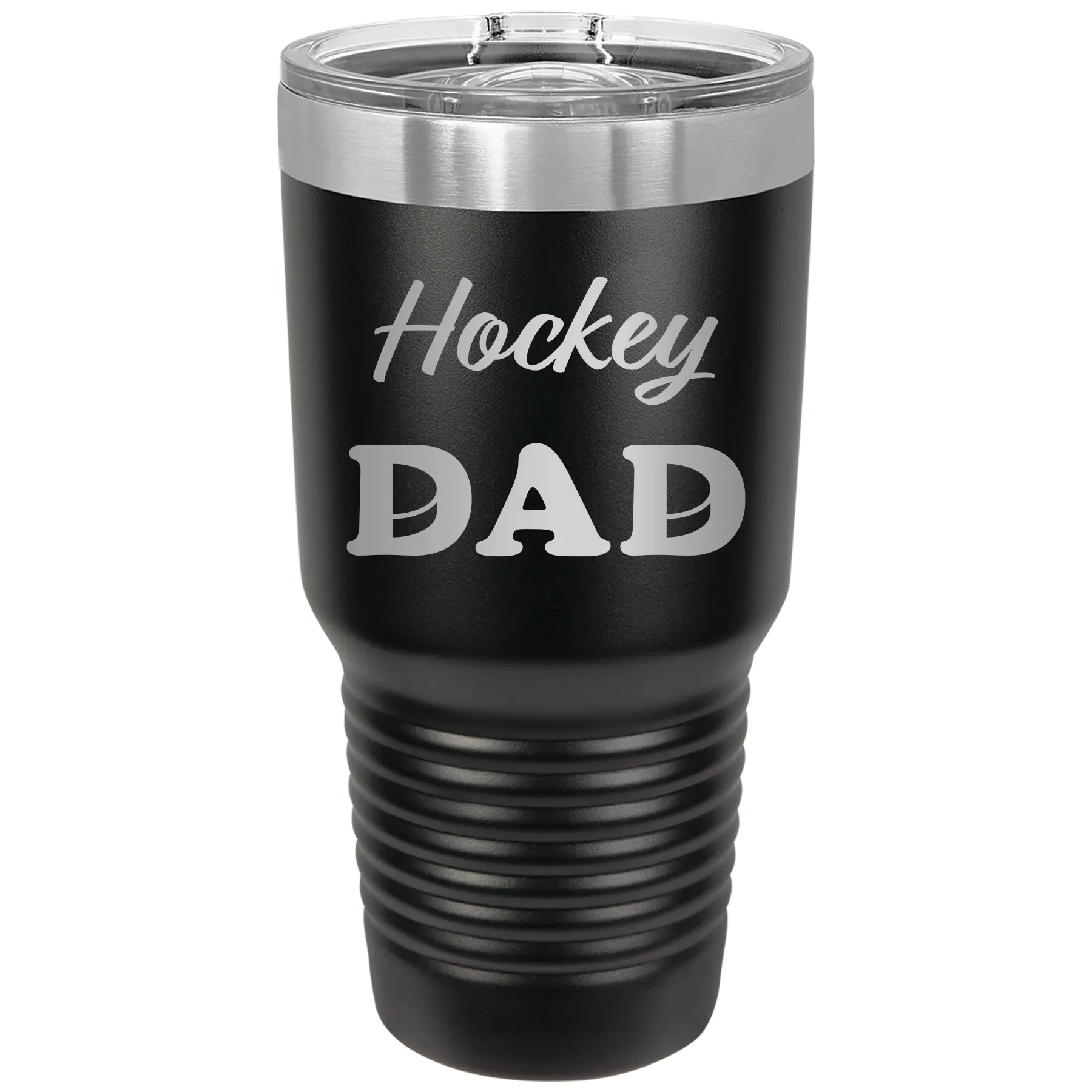Laser etched black 30 oz vacuum insulated tumbler with 'Hockey Dad2' design