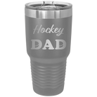 Laser etched dark gray 30 oz vacuum insulated tumbler with 'Hockey Dad2' design
