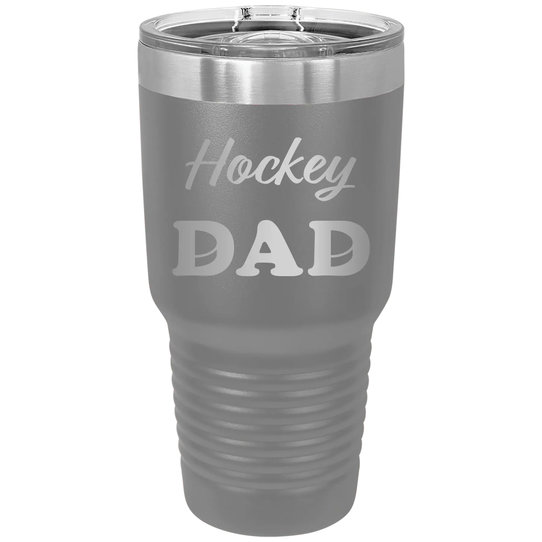 Laser etched dark gray 30 oz vacuum insulated tumbler with 'Hockey Dad2' design