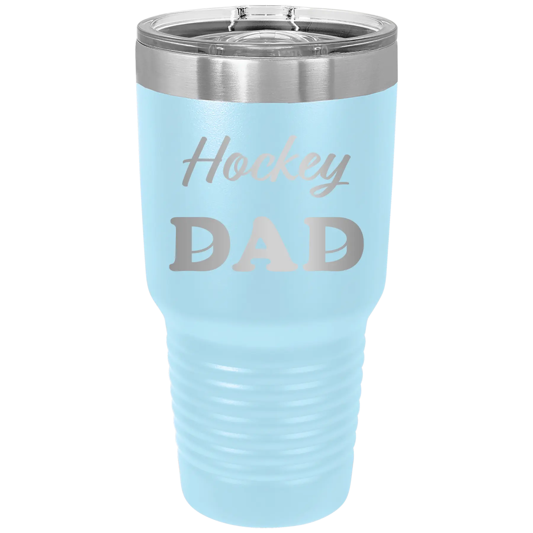 Laser etched light blue 30 oz vacuum insulated tumbler with 'Hockey Dad2' design
