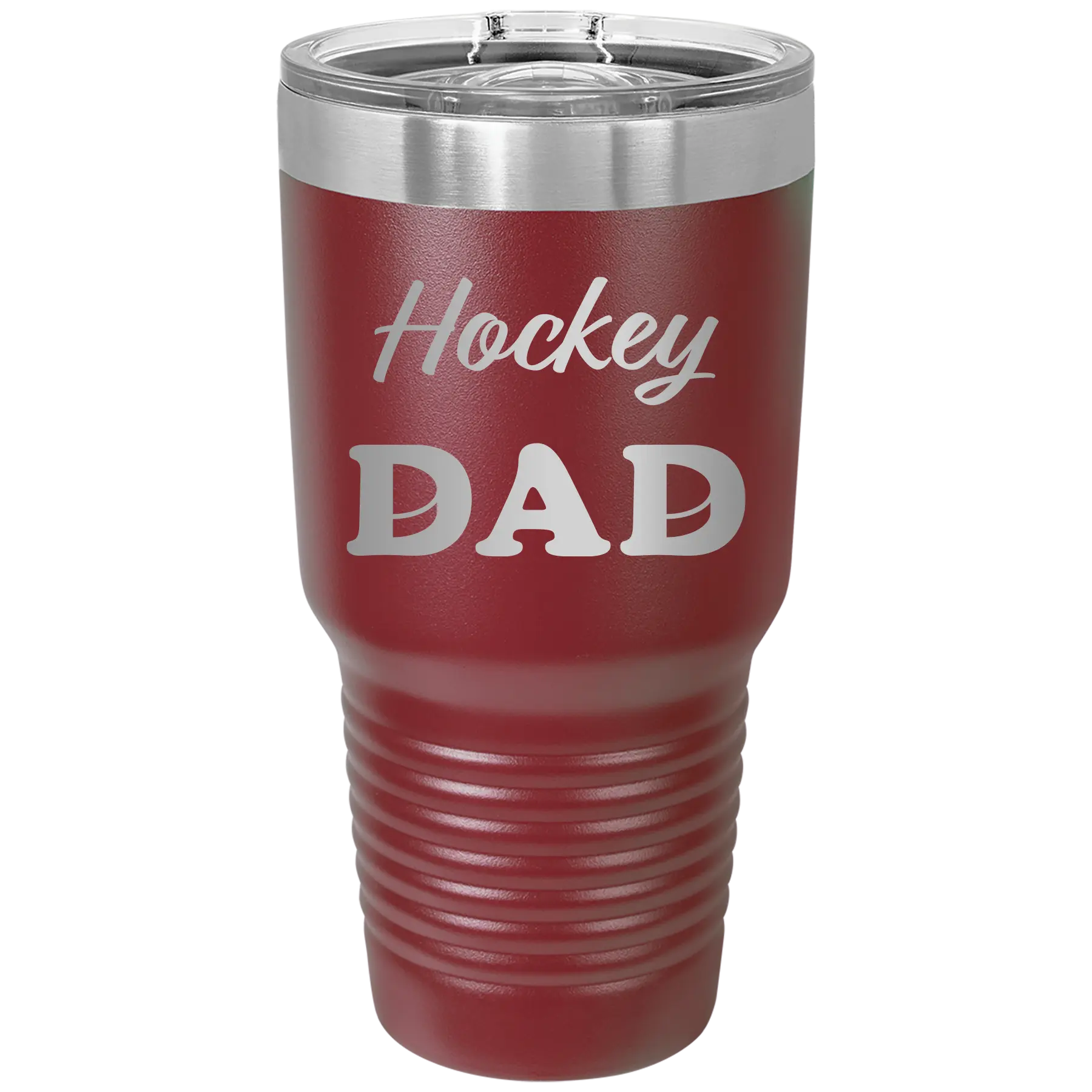 Laser etched maroon 30 oz vacuum insulated tumbler with 'Hockey Dad2' design