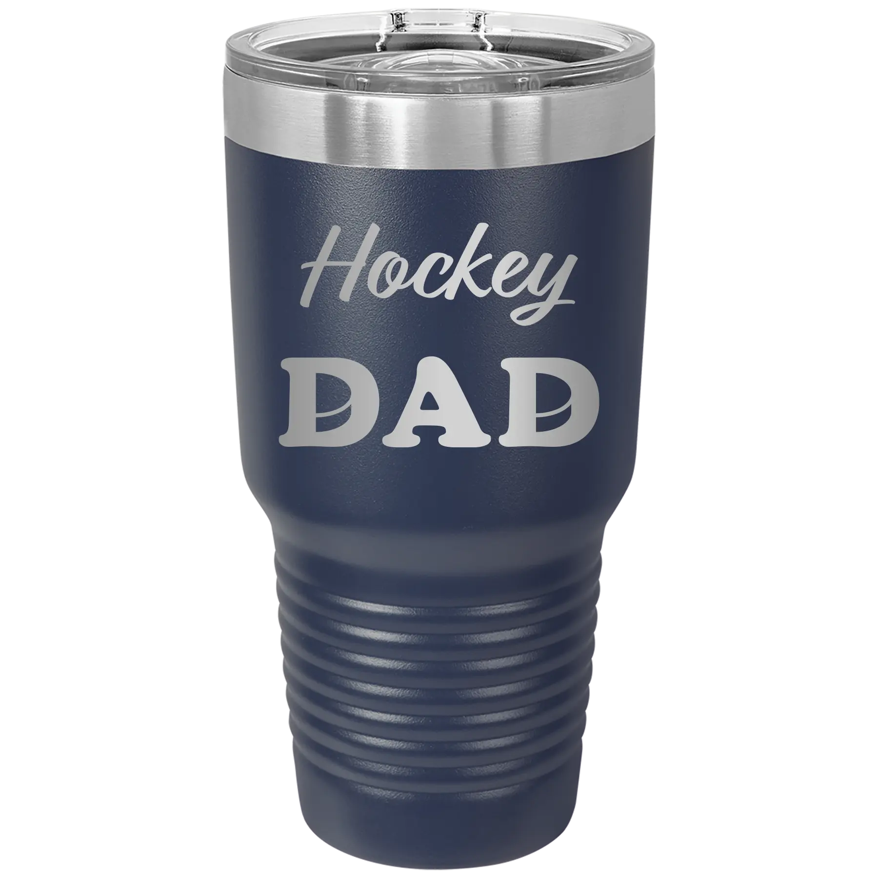 Laser etched navy 30 oz vacuum insulated tumbler with 'Hockey Dad2' design