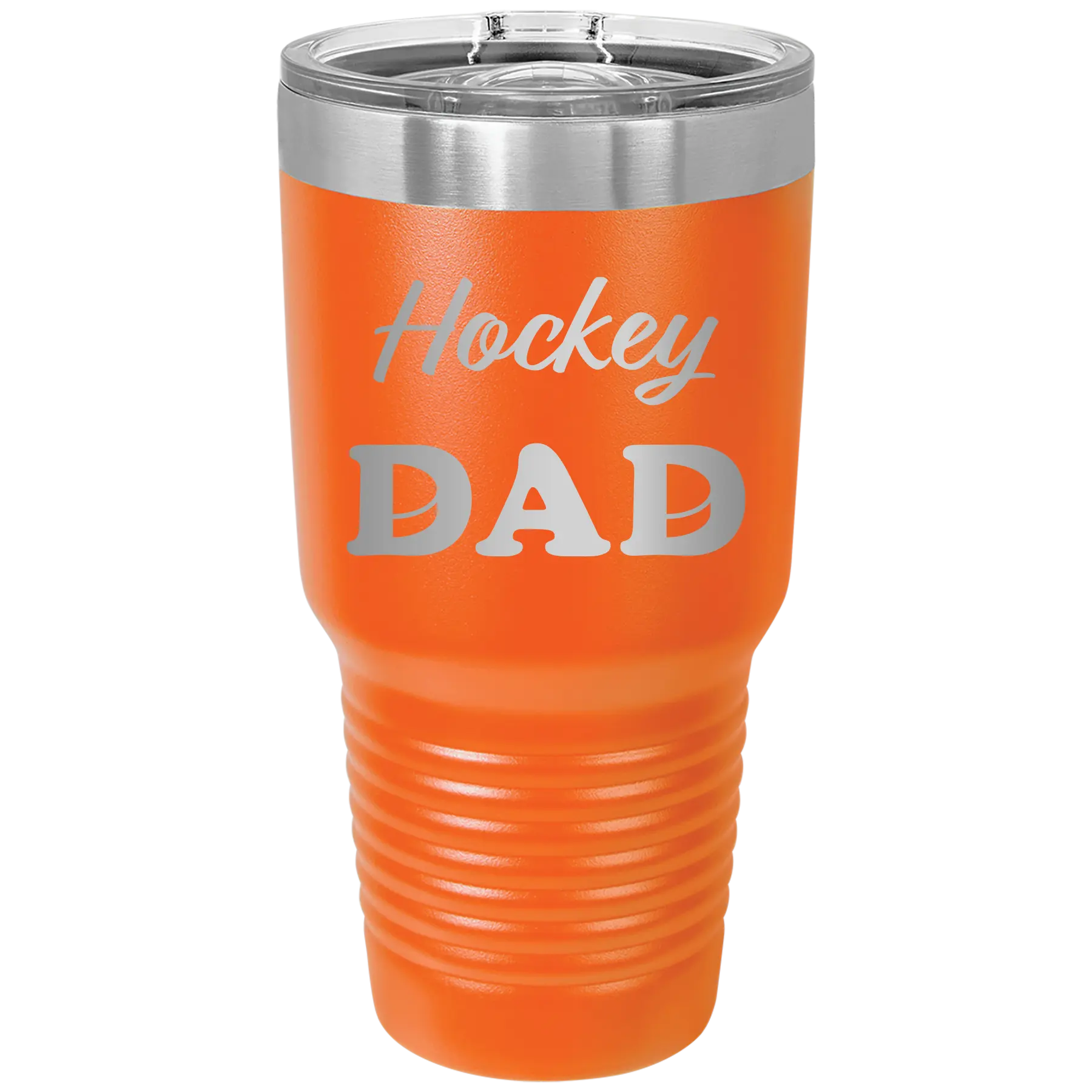 Laser etched orange 30 oz vacuum insulated tumbler with 'Hockey Dad2' design