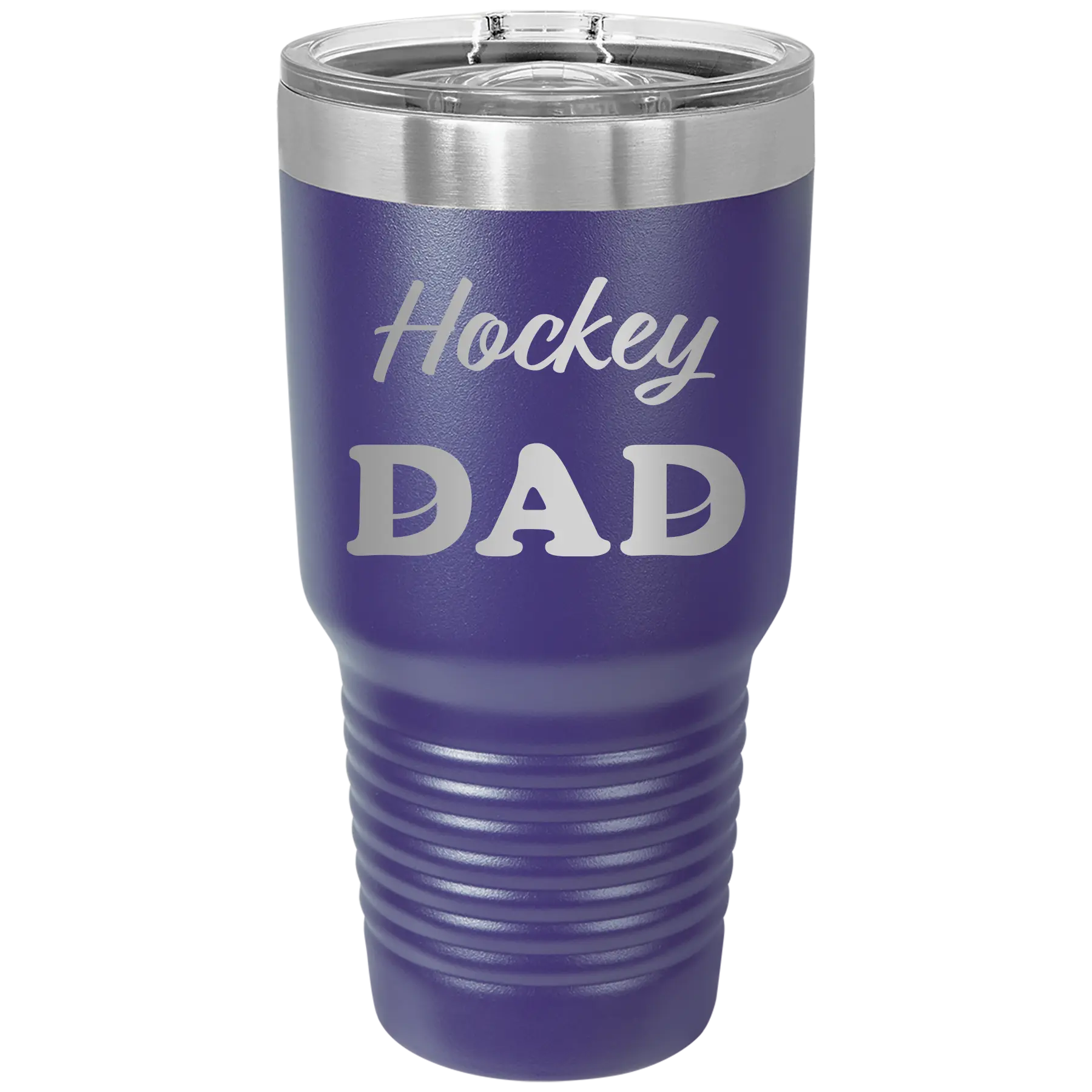 Laser etched purple 30 oz vacuum insulated tumbler with 'Hockey Dad2' design