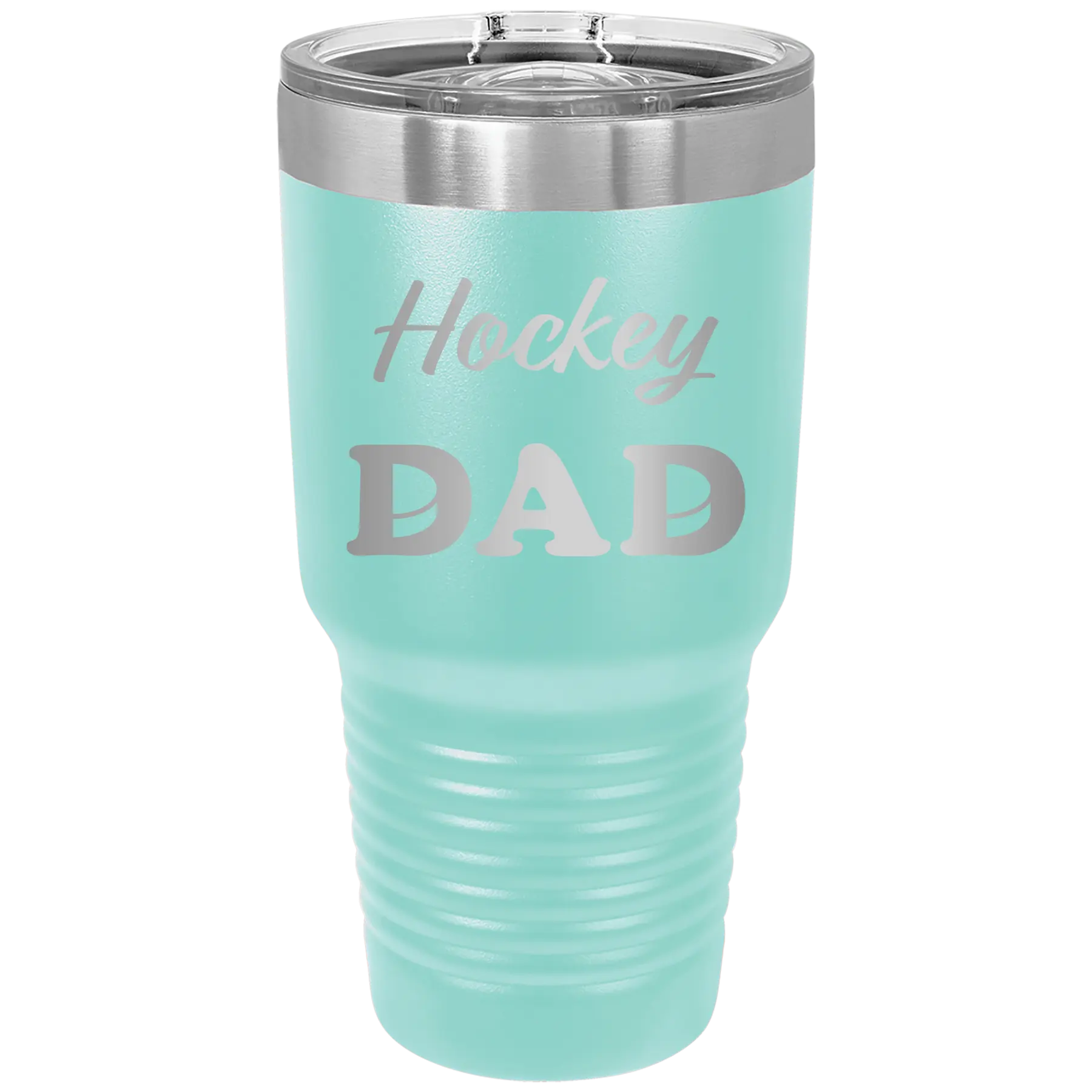 Laser etched teal 30 oz vacuum insulated tumbler with 'Hockey Dad2' design