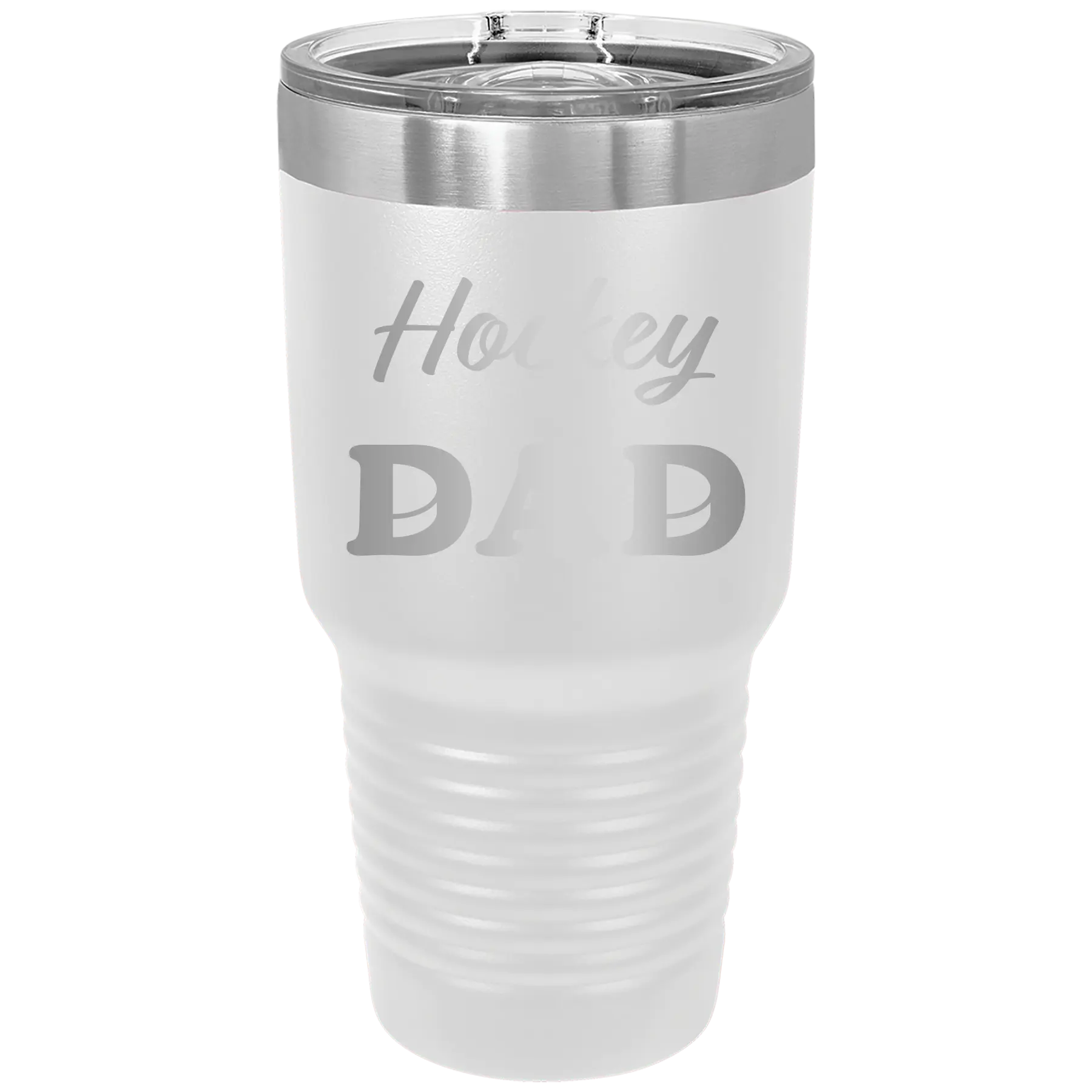 Laser etched white 30 oz vacuum insulated tumbler with 'Hockey Dad2' design