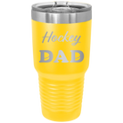 Laser etched yellow 30 oz vacuum insulated tumbler with 'Hockey Dad2' design