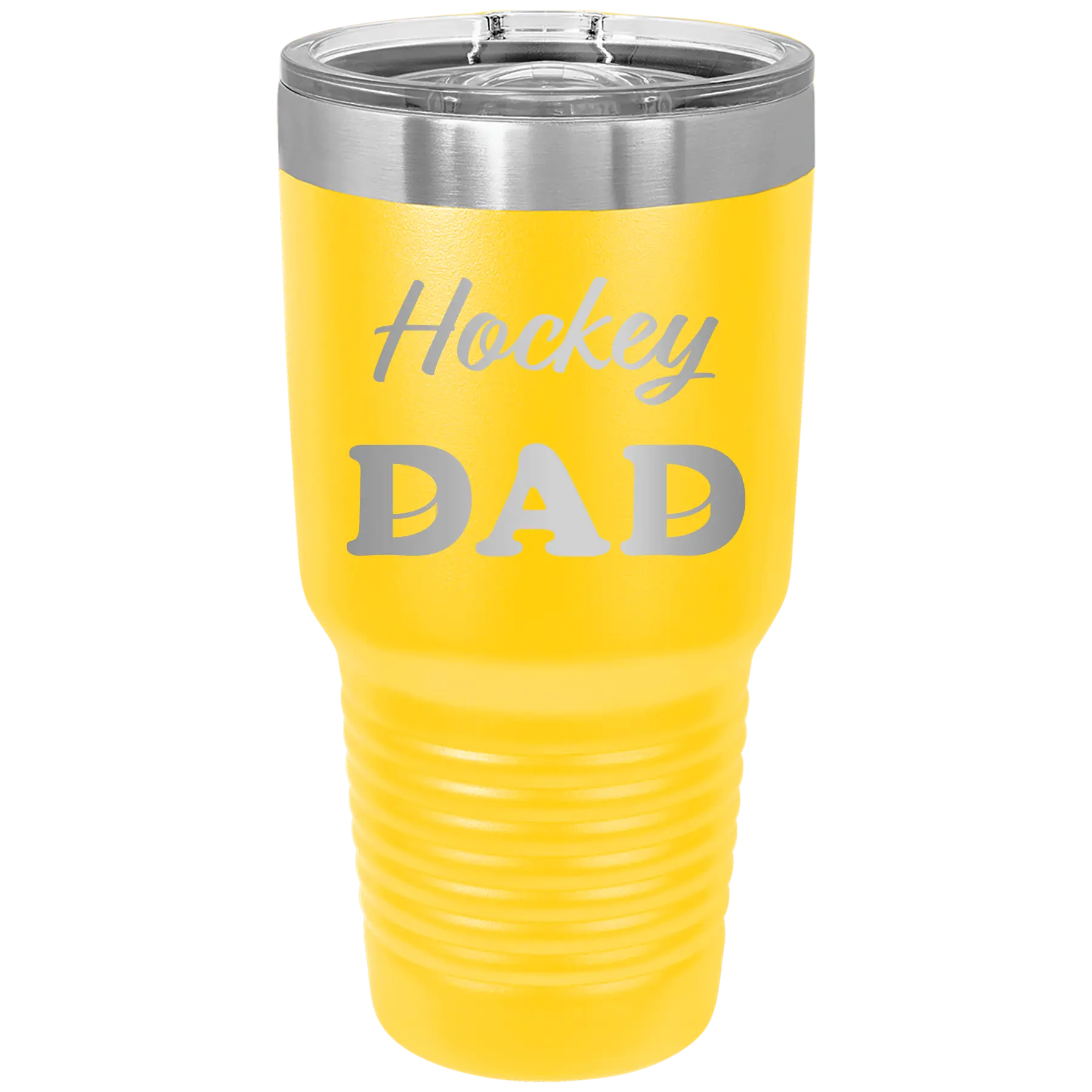 Laser etched yellow 30 oz vacuum insulated tumbler with 'Hockey Dad2' design