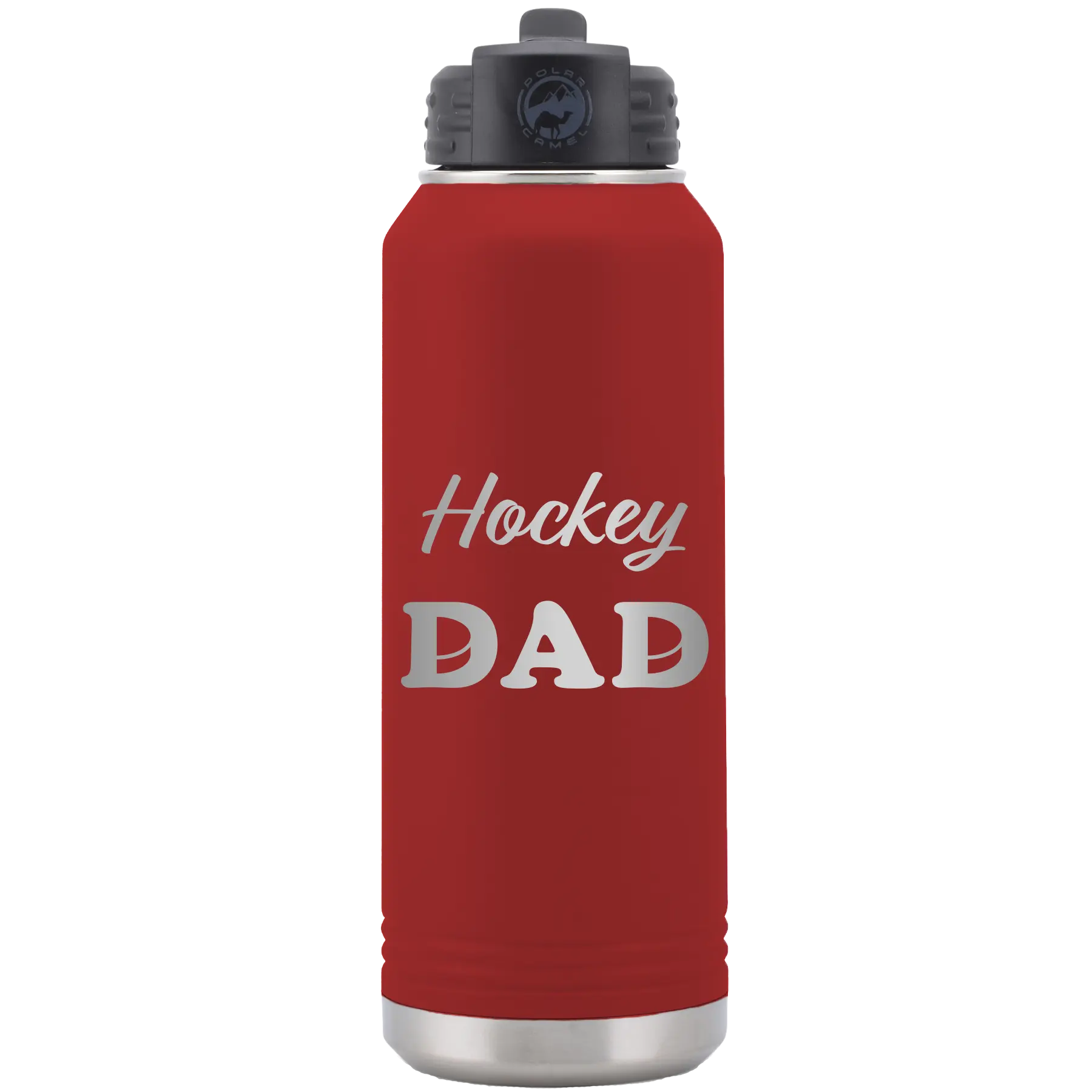 Laser etched maroon 32 oz vacuum insulated water bottle with 'Hockey Dad2' design