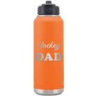 Laser etched orange 32 oz vacuum insulated water bottle with 'Hockey Dad2' design
