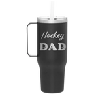 Laser etched black 40 oz vacuum insulated tumbler mug with 'Hockey Dad2' design
