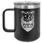Laser etched black 15 oz vacuum insulated coffee mug with 'Papa Beard' design