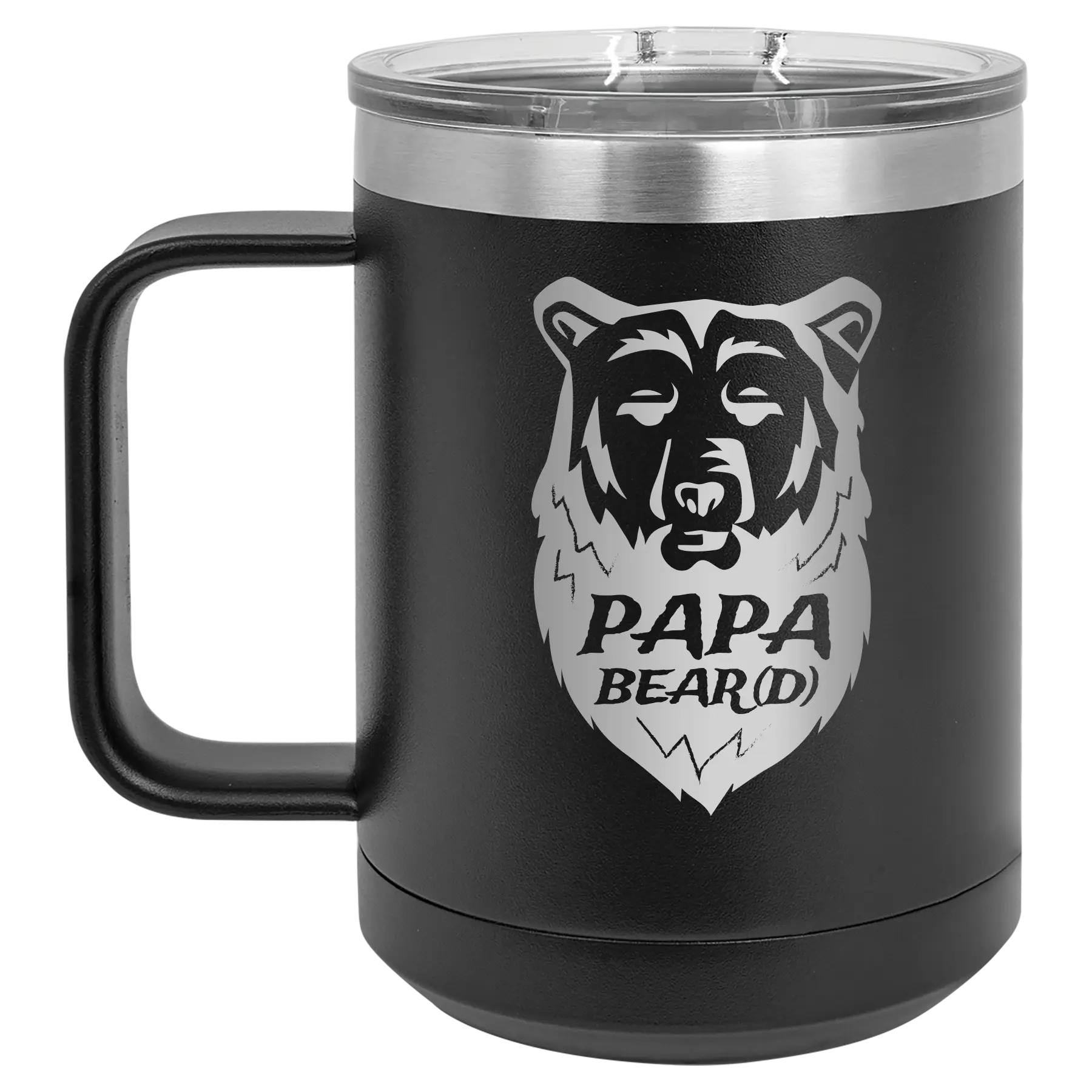 Laser etched black 15 oz vacuum insulated coffee mug with 'Papa Beard' design