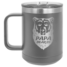 Laser etched dark gray 15 oz vacuum insulated coffee mug with 'Papa Beard' design
