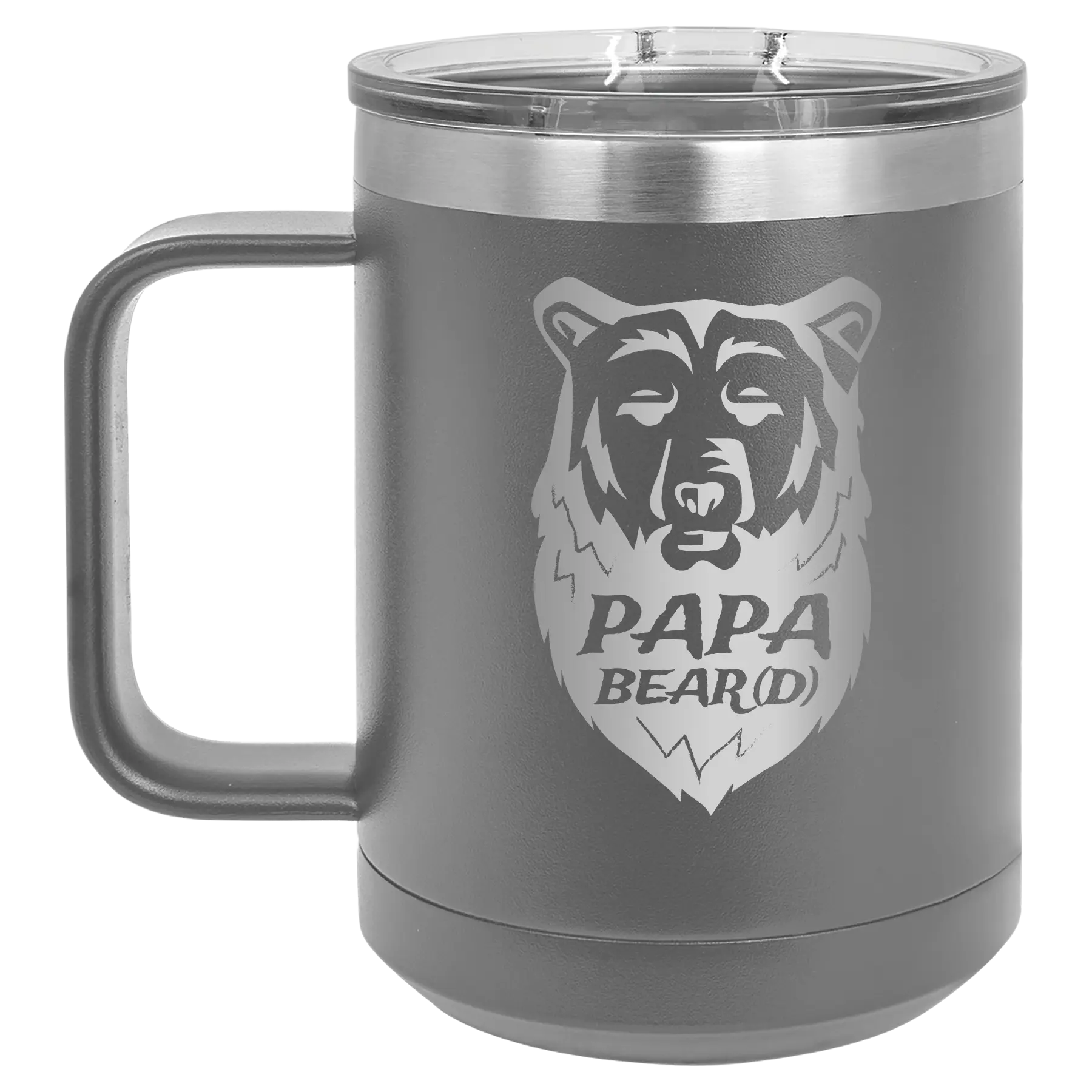 Laser etched dark gray 15 oz vacuum insulated coffee mug with 'Papa Beard' design