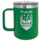 Laser etched green 15 oz vacuum insulated coffee mug with 'Papa Beard' design