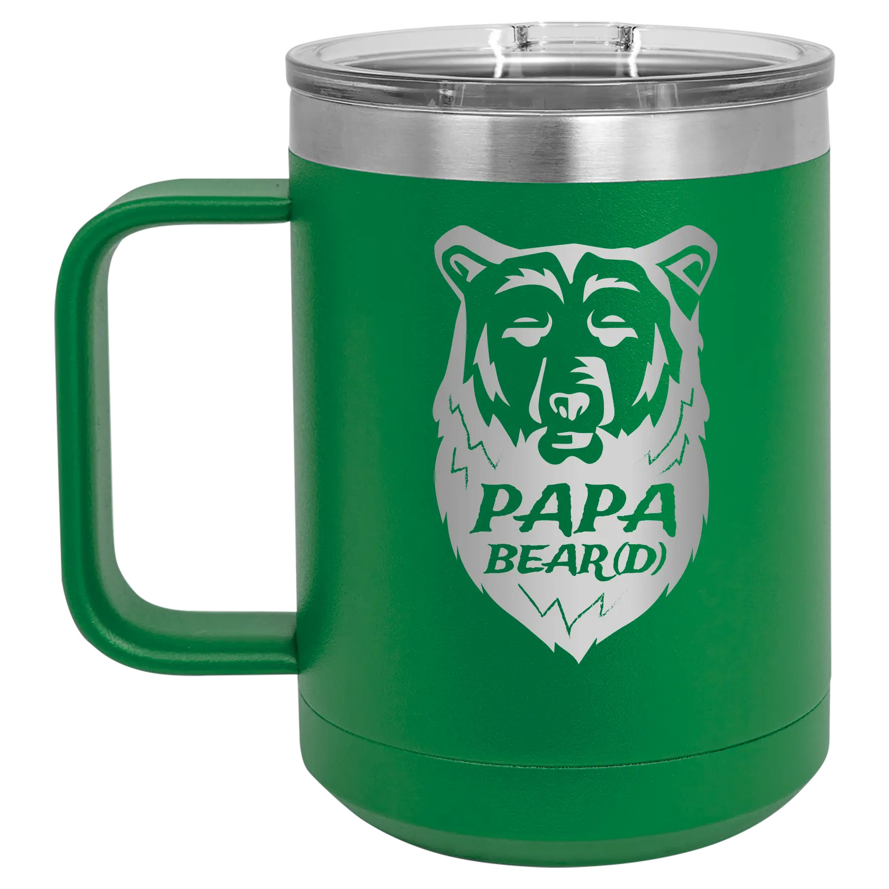 Laser etched green 15 oz vacuum insulated coffee mug with 'Papa Beard' design