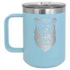 Laser etched light blue 15 oz vacuum insulated coffee mug with 'Papa Beard' design